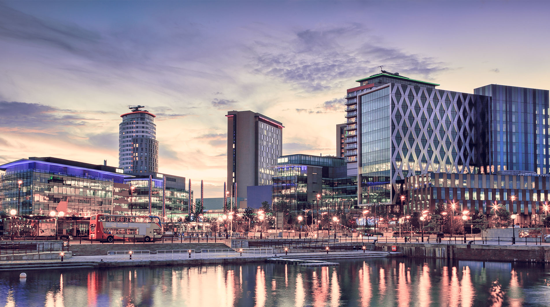 MediaCity as the sun sets in the evening.