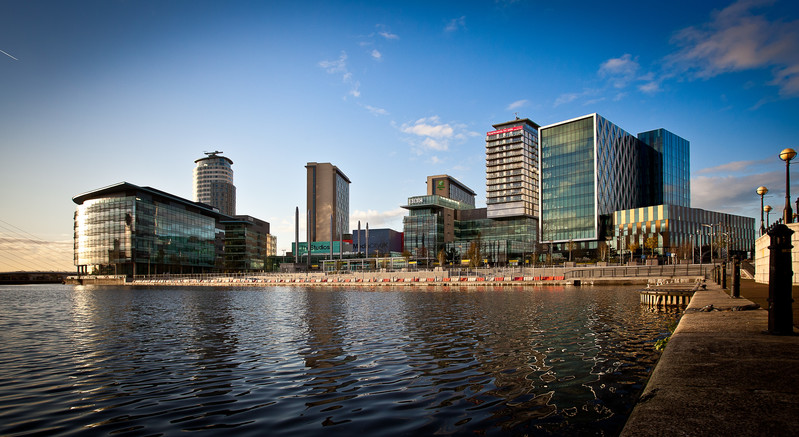 View of MediaCityUK in the sun at Salford Quays.