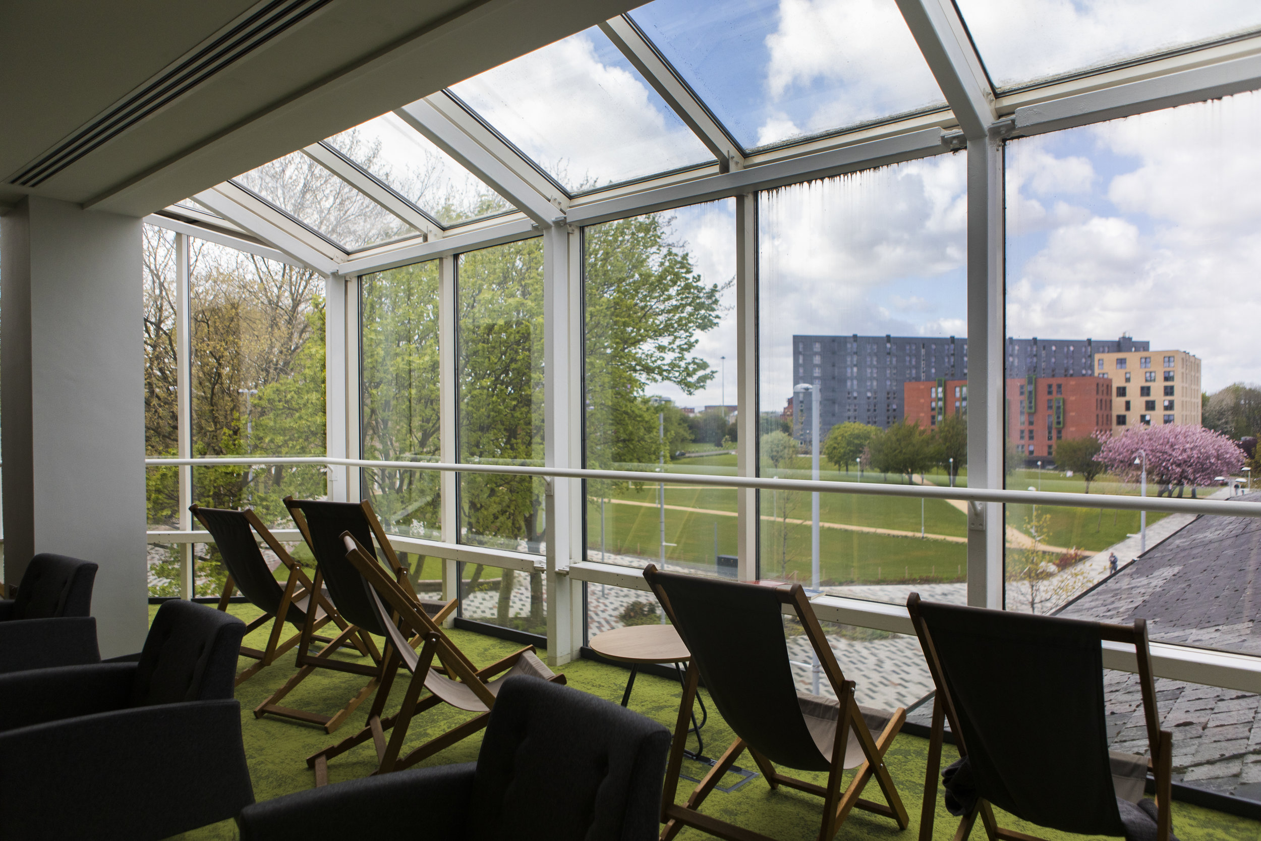 Relaxed study space with deck chairs inside Clifford Whitworth Library