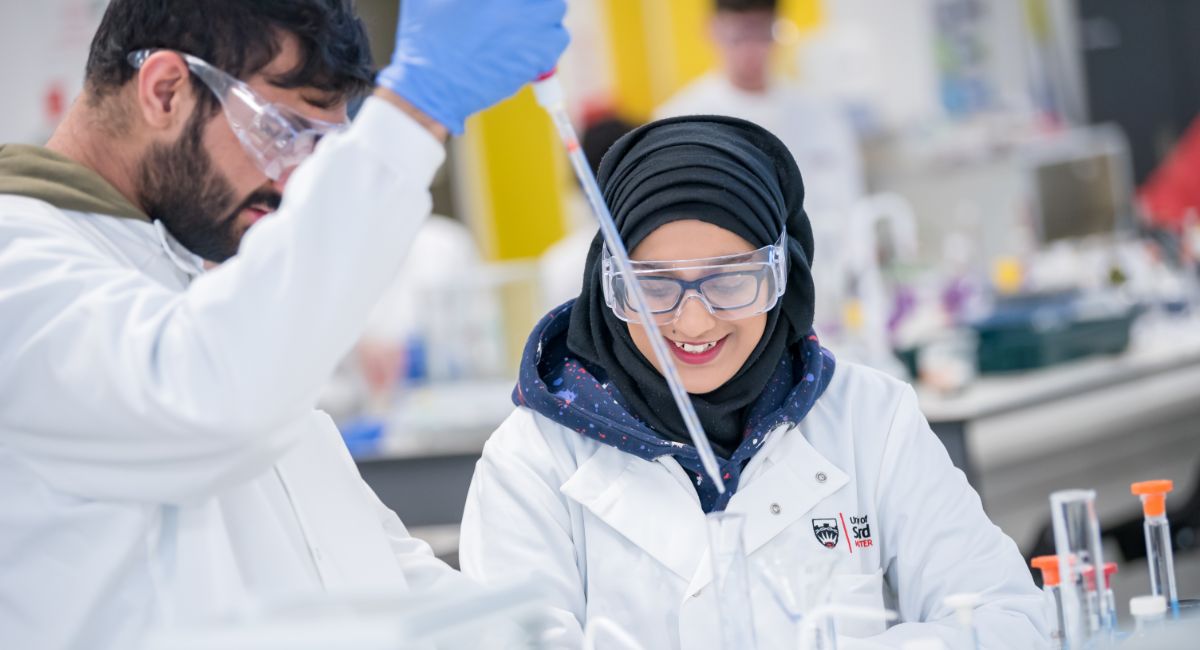 Students in a practical session in the Bodmer Labs, University of Salford