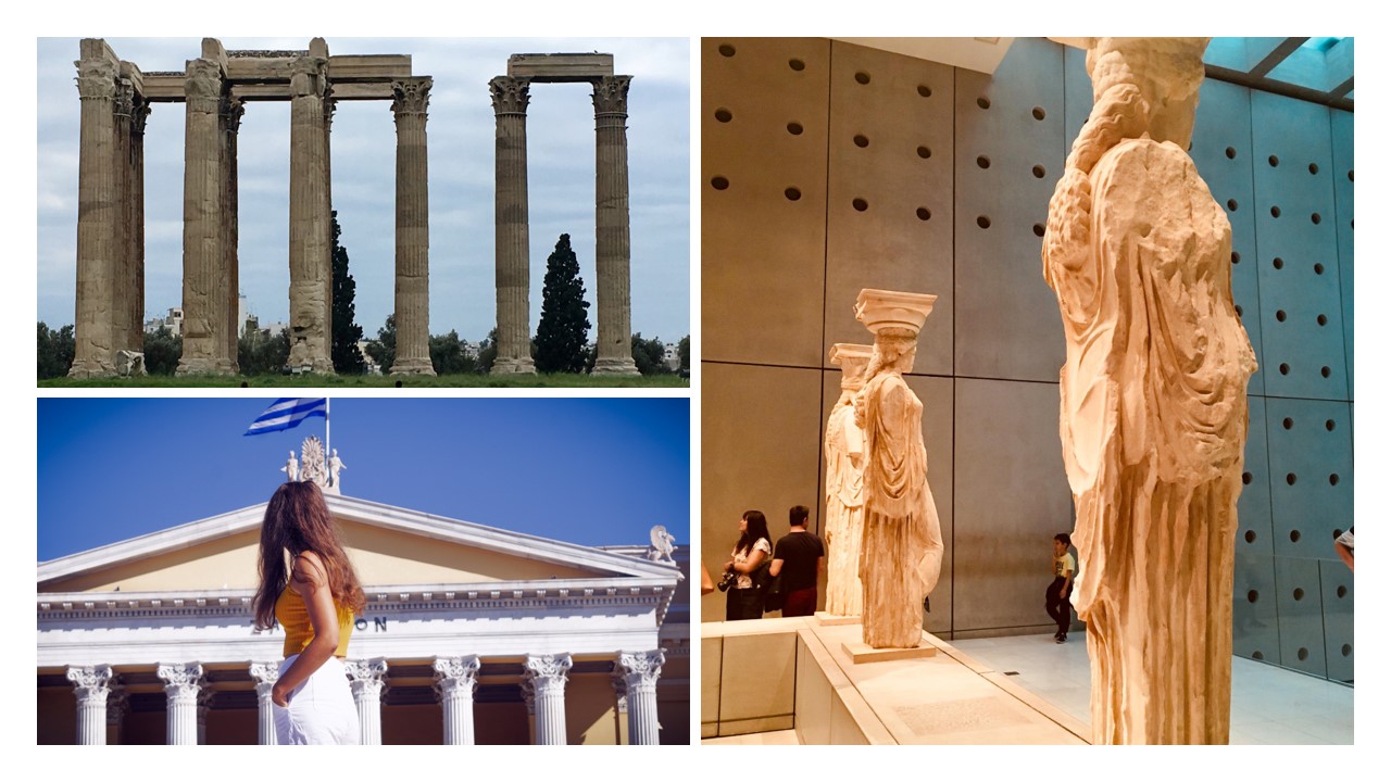 Three images of Greek temples and statues in a collage