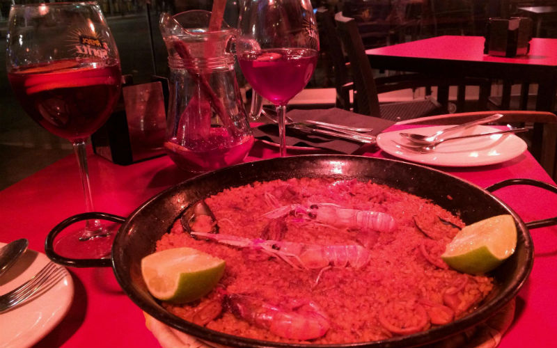 Large dish of seafood paella in Madrid, Spain.