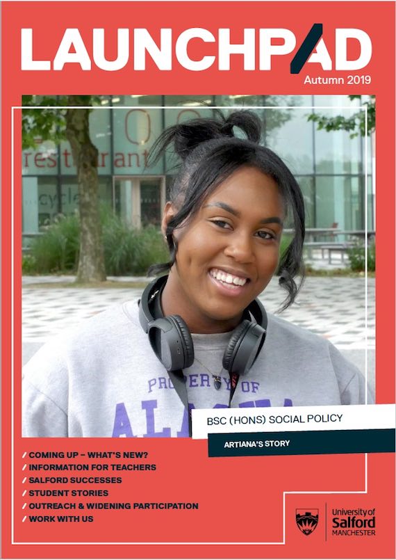 Launchpad Cover - University of Salford student smiling wearing headphones round her neck