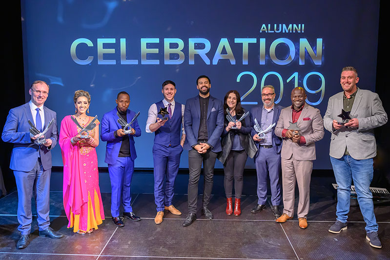 A group photo of all 2019 Salford Alumni Acheivement Award Winners