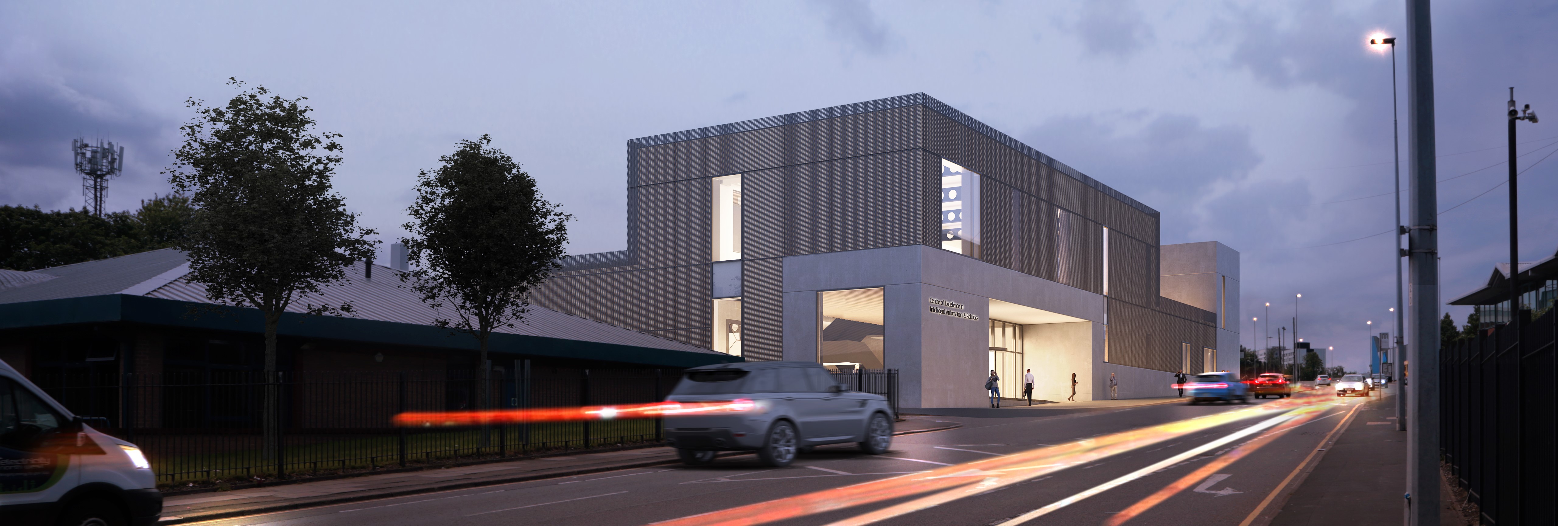 An artist's impression of an exterior view of the North of England Robotics Innovation Centre (NERIC), University of Salford