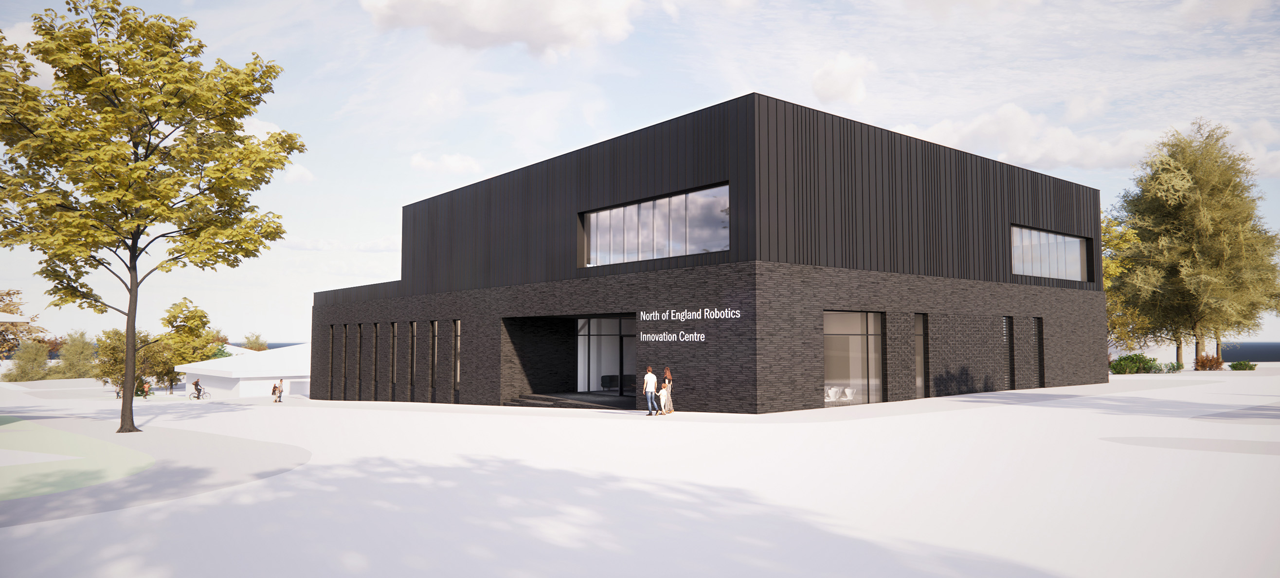 An artist's impression of an exterior view of the North of England Robotics Innovation Centre (NERIC), University of Salford