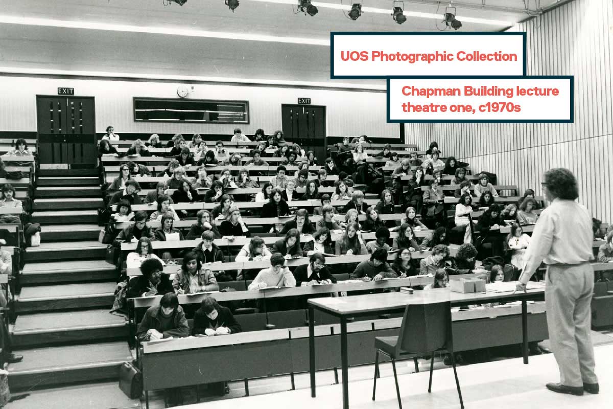 A lecture at the Chapman Building in the 1970s