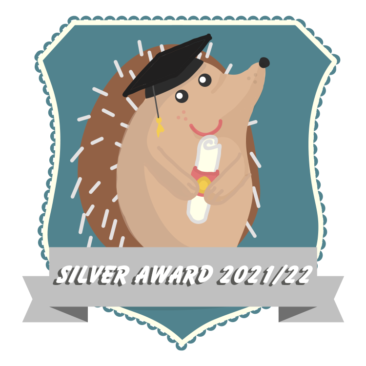 Hedgehog in a student cap, holding a rolled up diploma, on a blue background, with Silver Award 2021/22 written on a ribbon underneath.