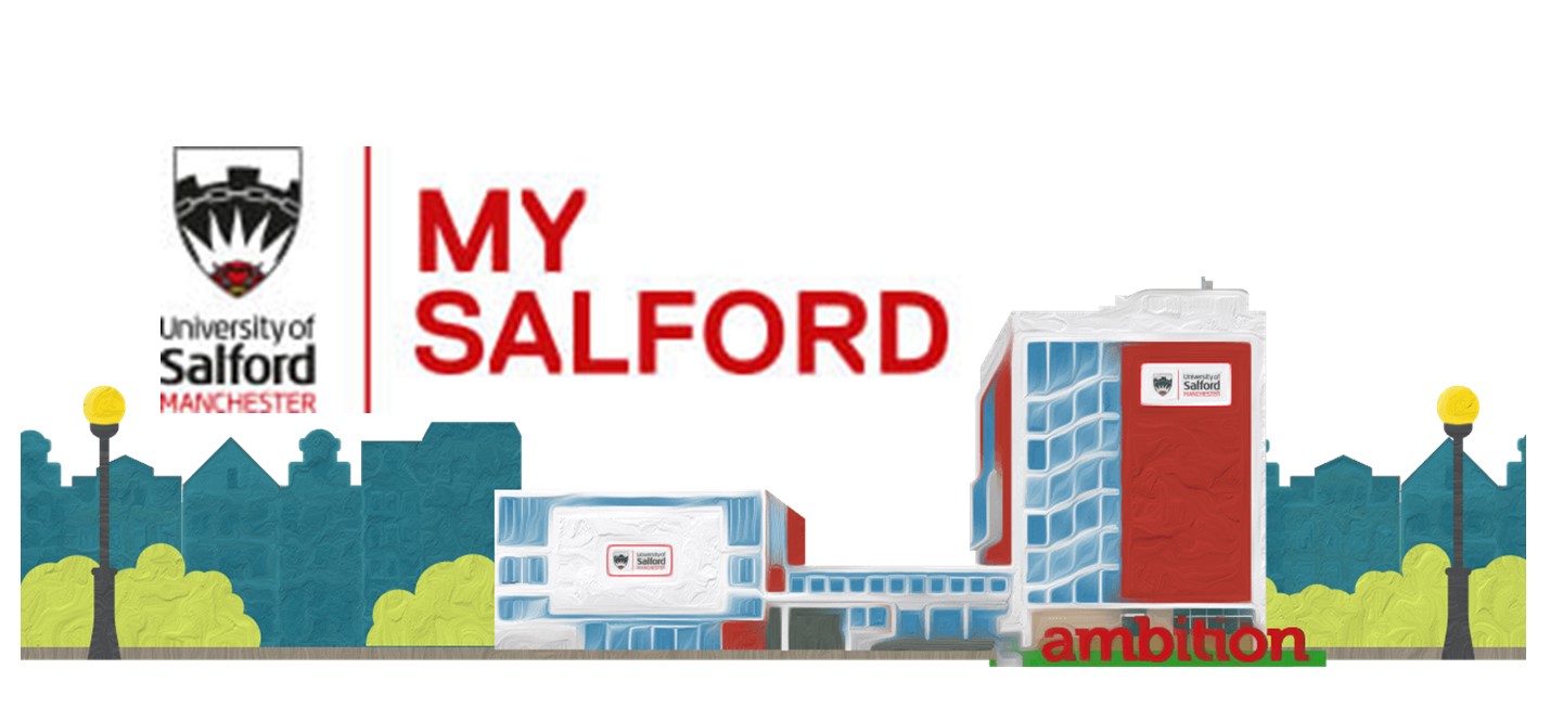 Cartoon style illustration of university buildings surrounded by trees, greenery and two light standards with MySalford logo above