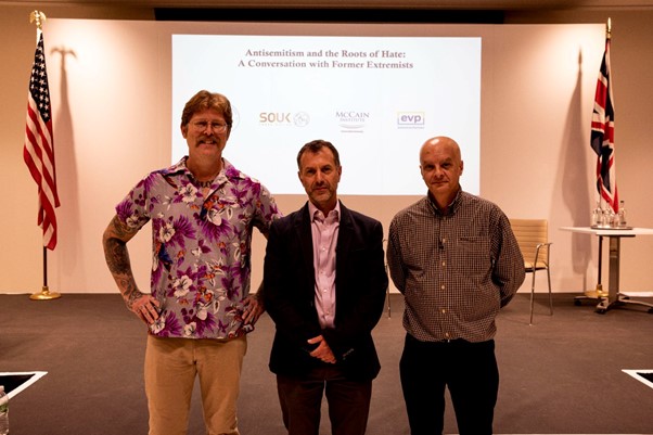 The panel (left to right): Arno Michaelis (Parents for Peace), Dr Dave Rich (Community Safety Trust), Nigel Bromage (EXIT UK)