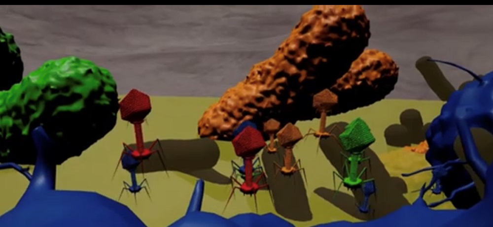 3D digital illustration depicting bacteriophages, a type of virus that infects and replicates within bacteria
