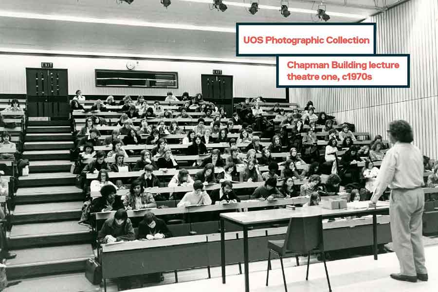 A lecture in the Chapman Building in the 1970s