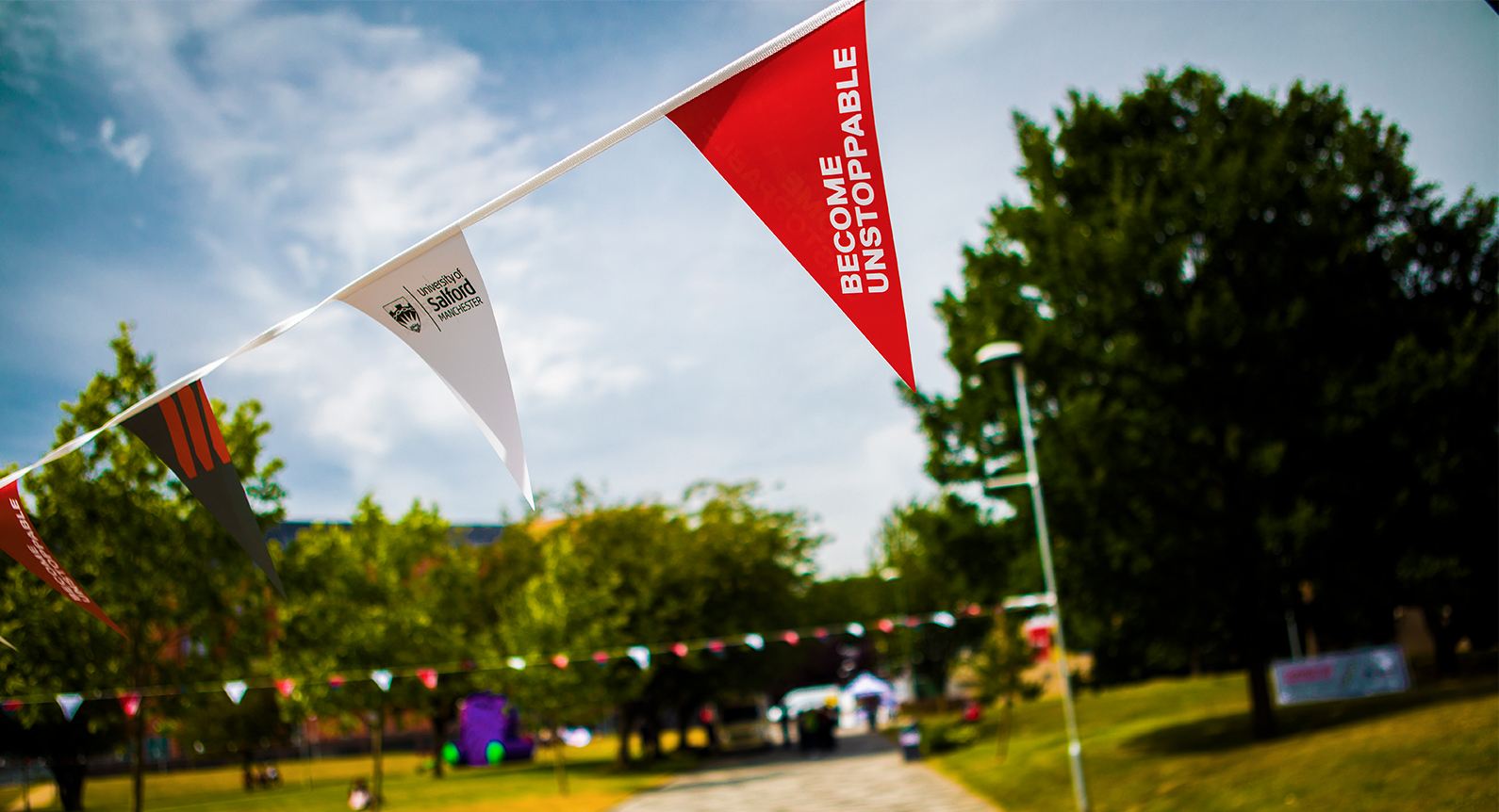 Open day bunting hanging in Peel Park