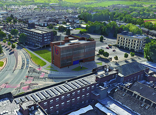 An aerial shot of Bury College’s new Health and Digital Centre