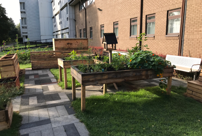 Community growing space with bird feeder