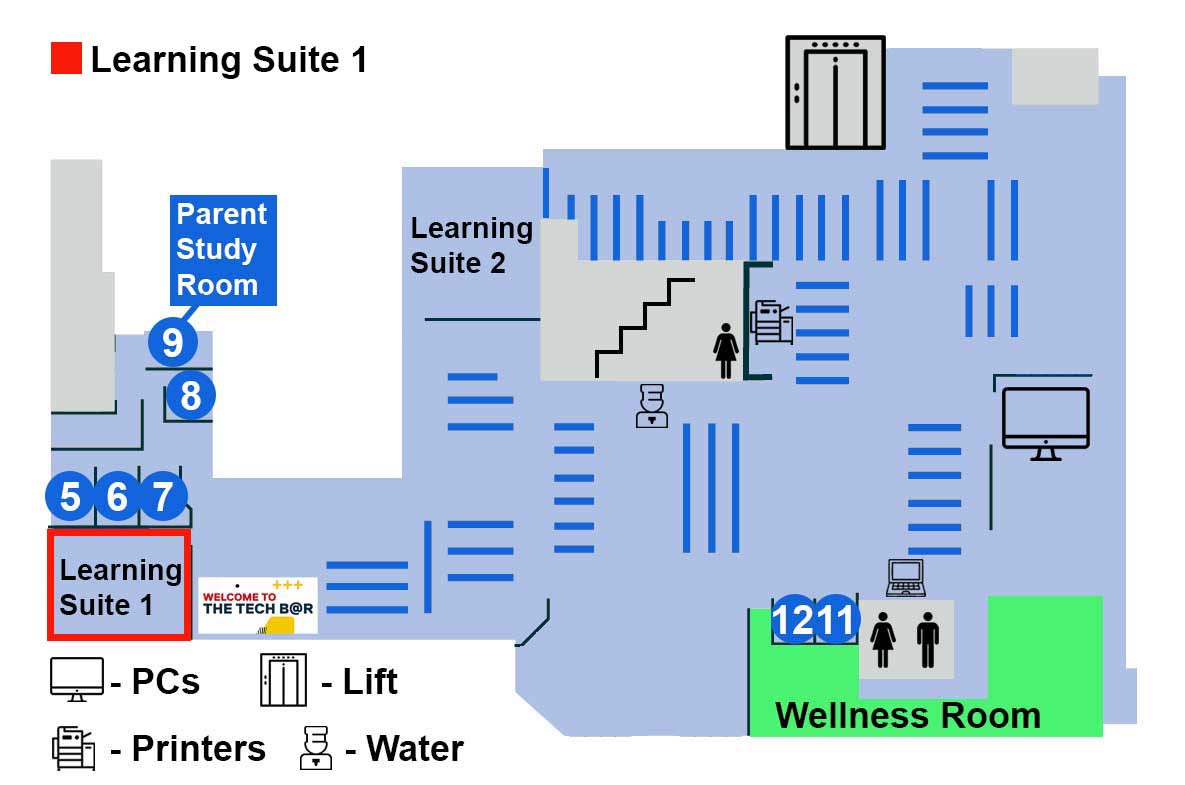 Find Learning Suite 1 on the 1st floor of Clifford Whitworth Library
