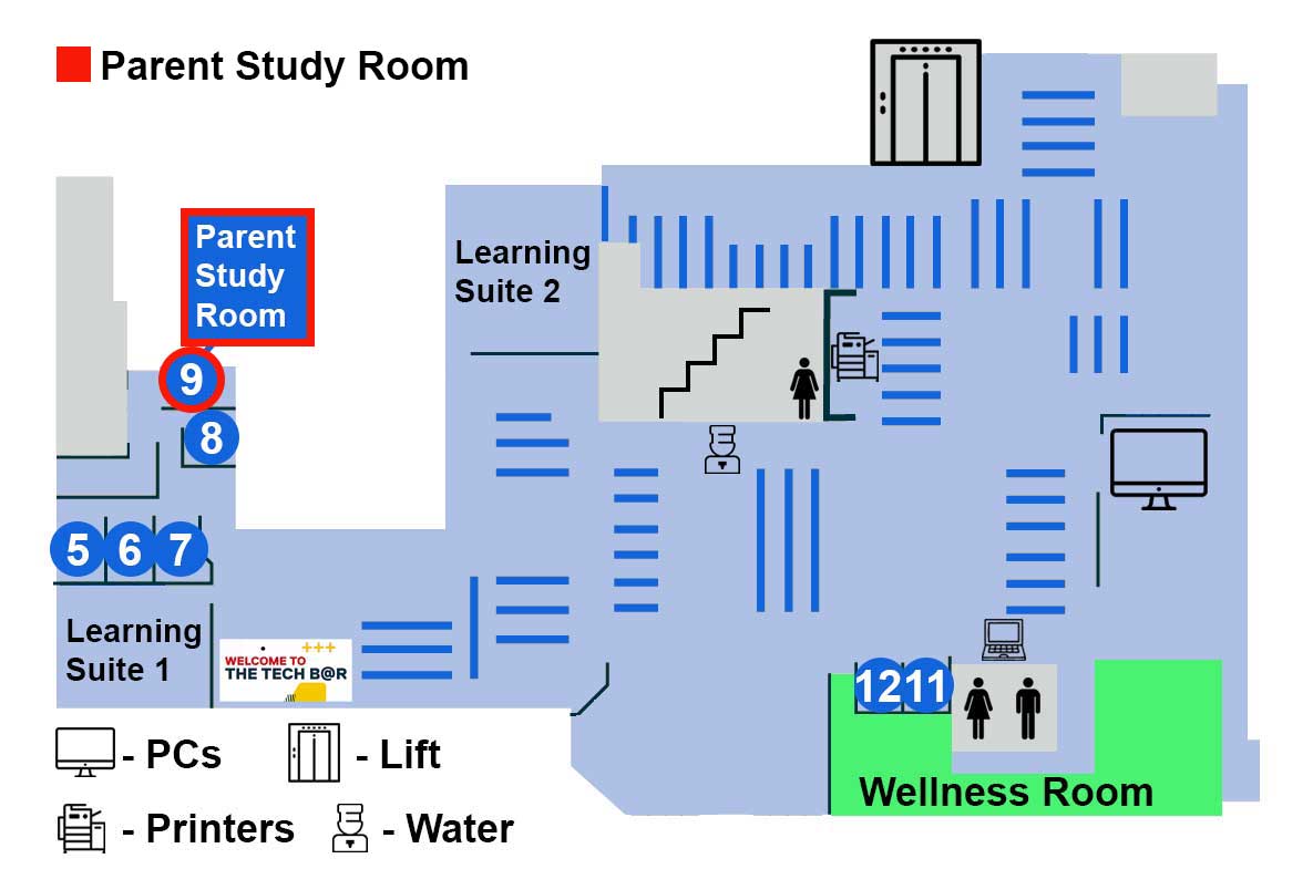 Find the Parent Study Room on the first floor of Clifford Whitworth Library