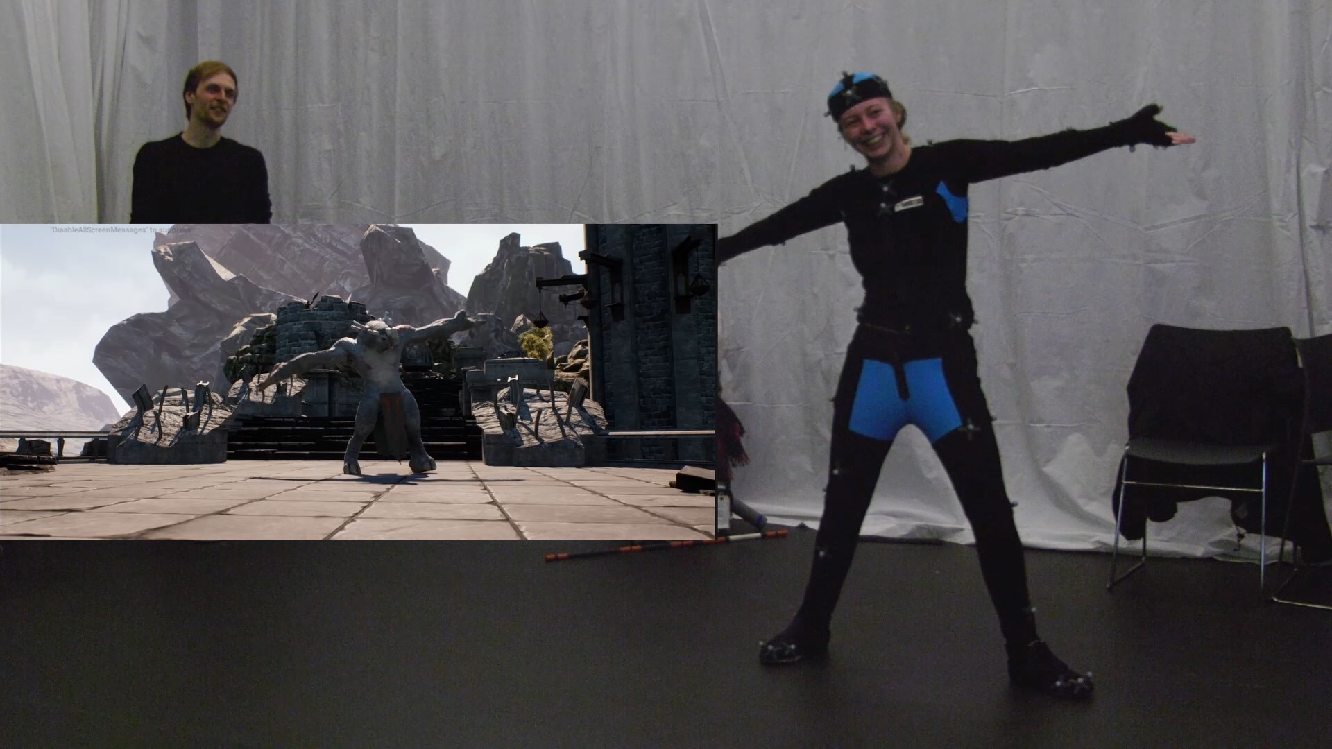 The image shows a student in a mocap suit next to their onscreen avatar