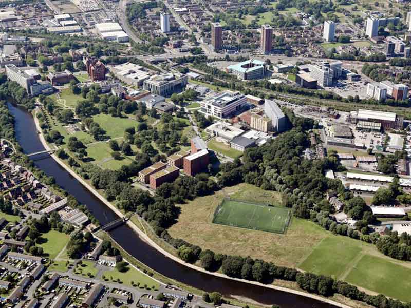 Aerial view of Peel Park and Frederick Road campuses