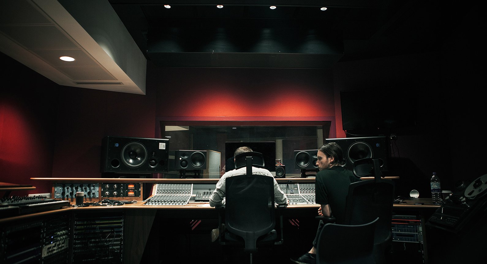 two students working in recording studio