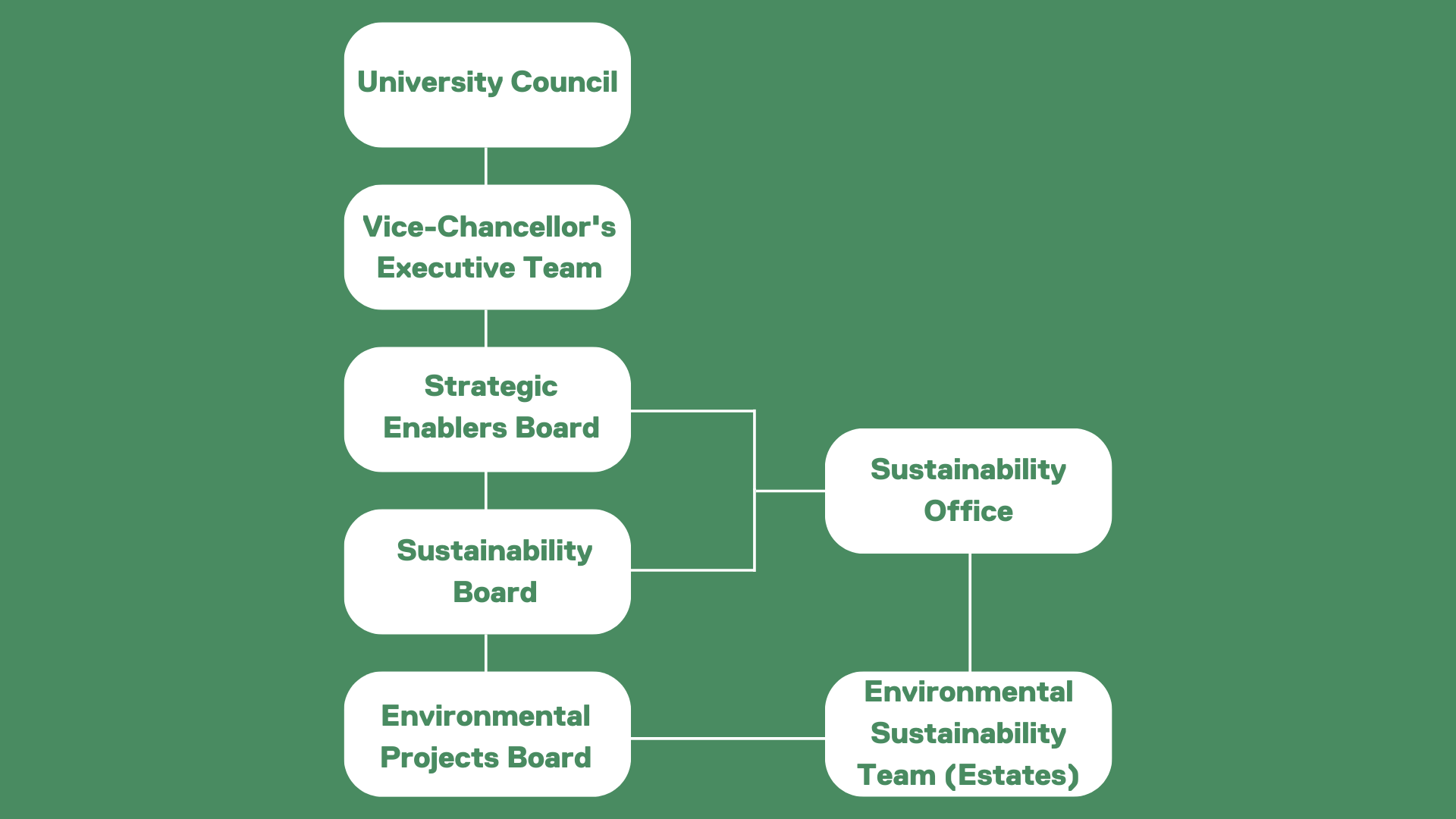 The image shows the Environmental Sustainability team reporting to the Environmental Projects Board and Sustainability Office. The Environmental Projects Board reports into the Sustainability Board who reports into Strategic Enablers Board who report into the Vice-Chancellor's Executive Team and ultimately University Council. The Sustainability Office reports into Strategic Enablers Board and Sustainability Board.