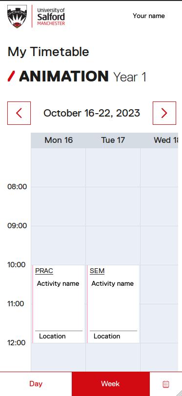 A screenshot of how a personal timetable displays in our online timetabling system on mobile. Personal details have been redacted