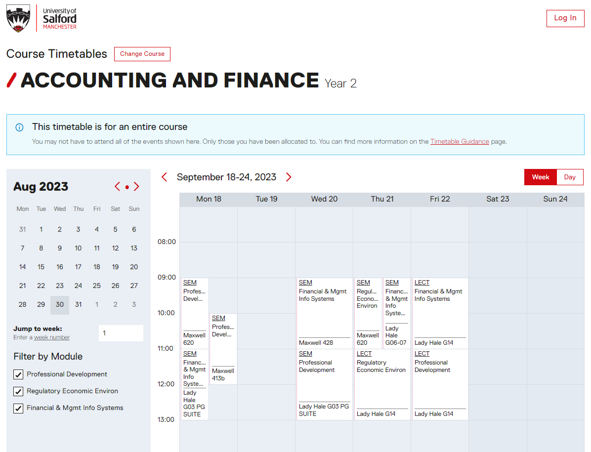 A screenshot of how a course timetable displays in our online timetabling system
