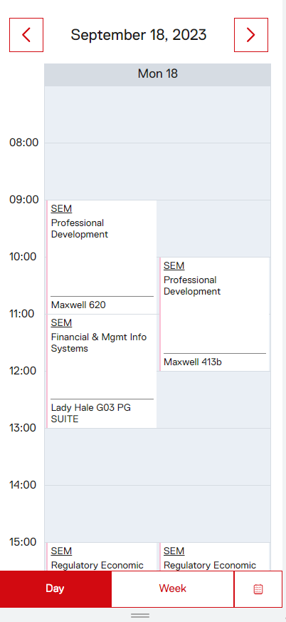 A screenshot of how a course timetable displays in our online timetabling system on a mobile