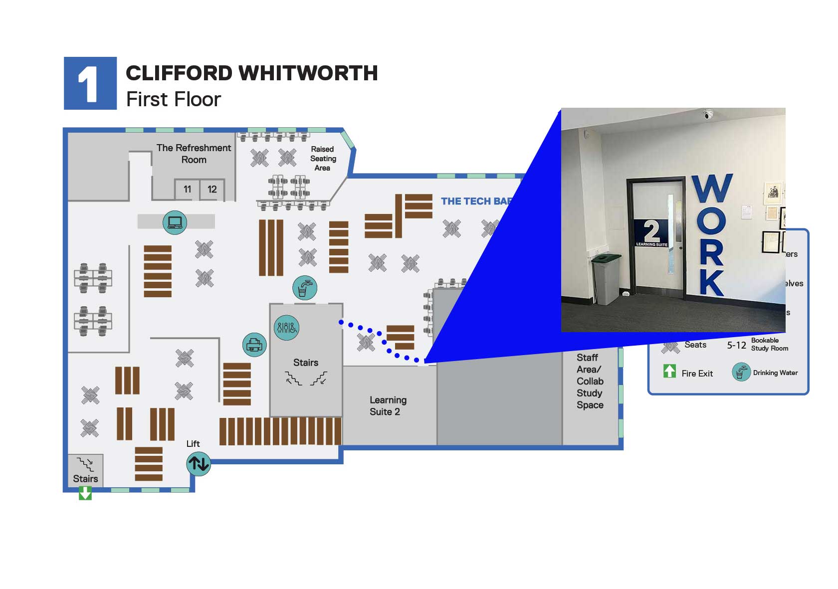 The Learning suite 2 on the first floor of Clifford Whitworth Library