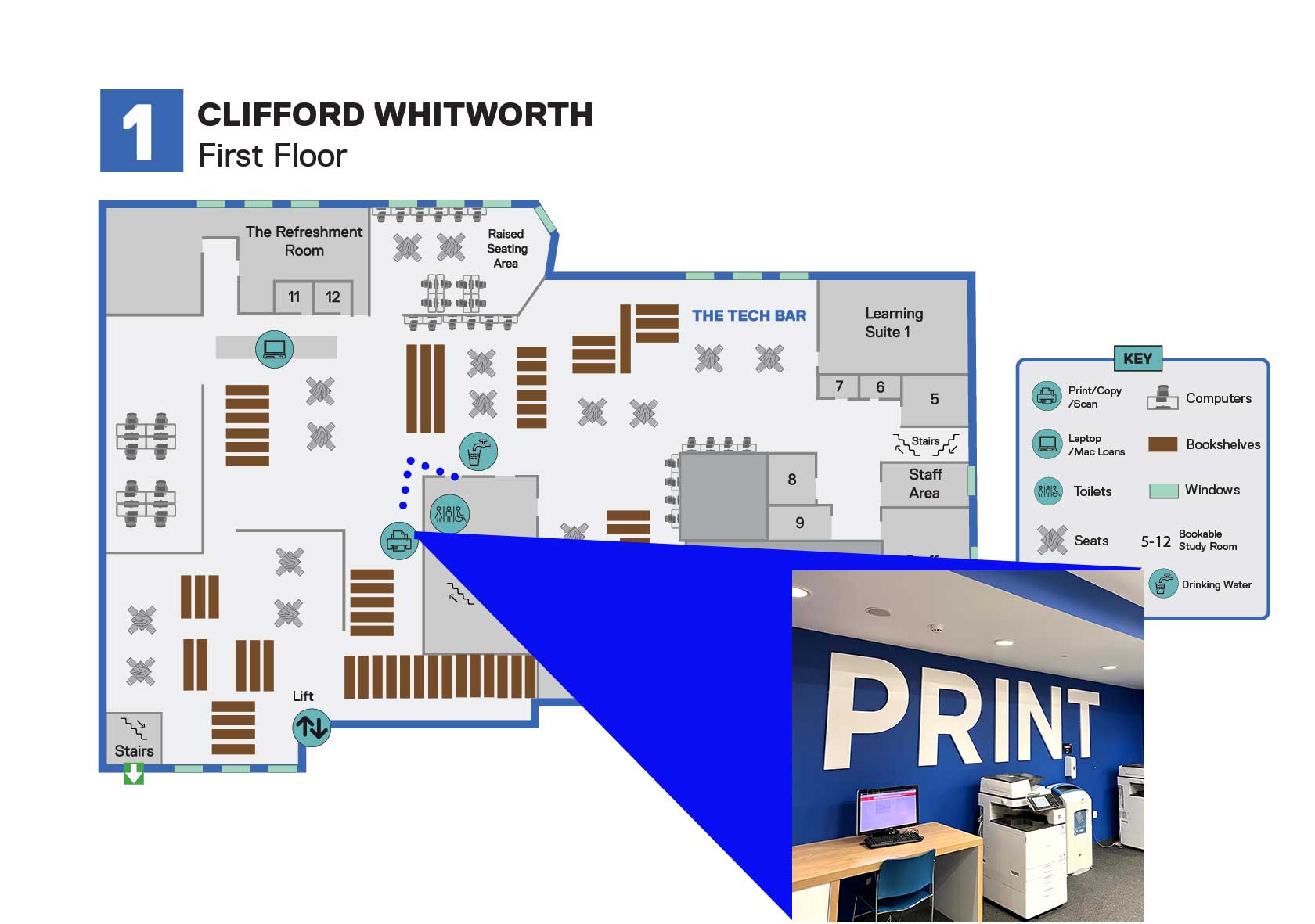 The Print area on the first floor of the Clifford Whitworth Library