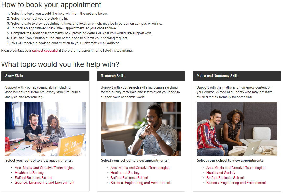Screenshot of the appointments portal showing three topics: study skills, research skills and maths and numeracy.