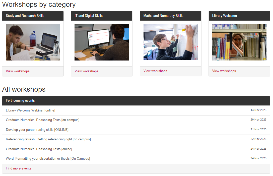 Screenshot of the academic skills workshops portal showing four topic blocks: study and research, IT and digital, maths and numeracy and Library welcome.