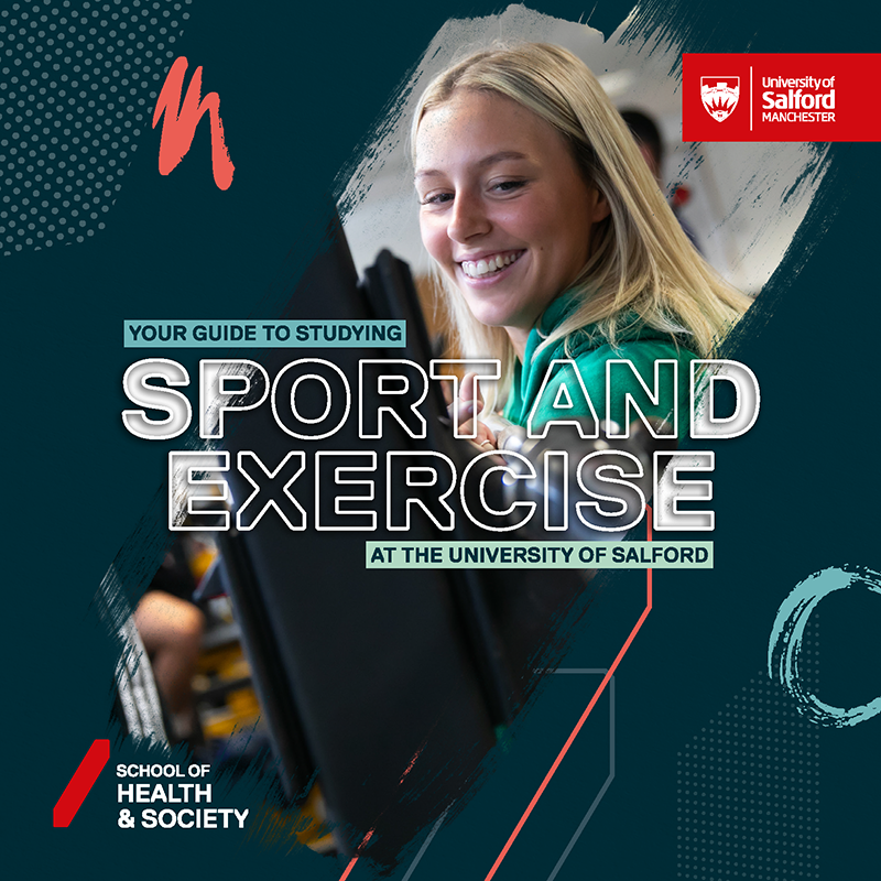 A blond-haired female student wearing a light green hoodie lifts a weight bar in front of a backdrop displaying the words 'Your guide to studying Sport and Exercise at the University of Salford.'