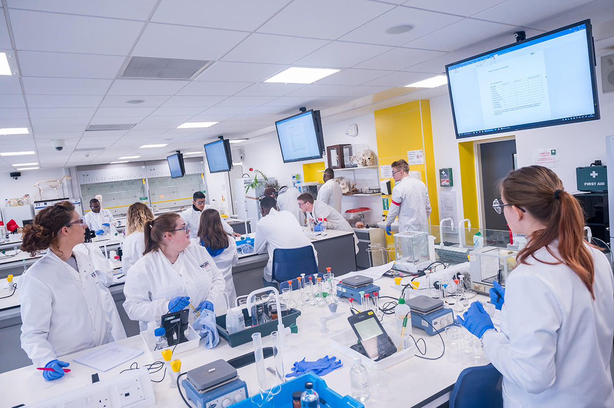 Students in a practical session in the Bodmer Labs, University of Salford
