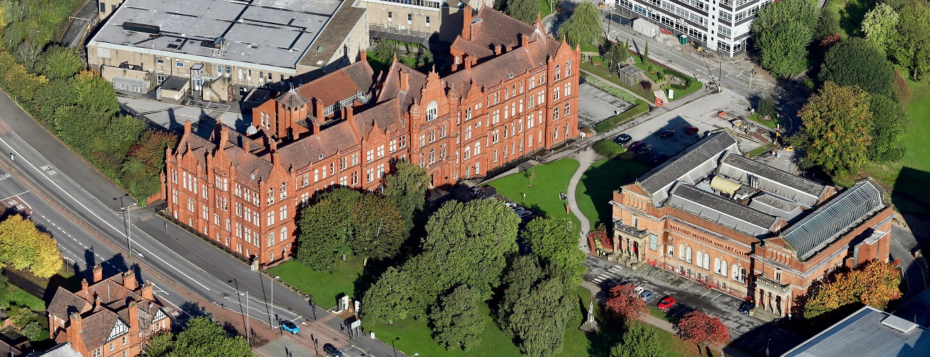 Aerial view of Peel Park campus with buildings and trees