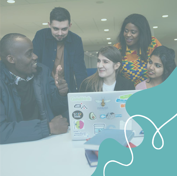 an image of five students from different nationalities looking at a laptop