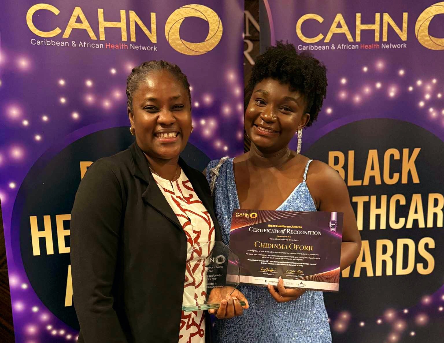 Oluchi and Victory at the Black Healthcare Awards 2025