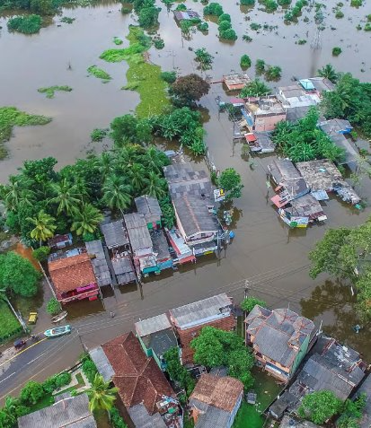 Overhead view of a flooded town in Sri Lanka