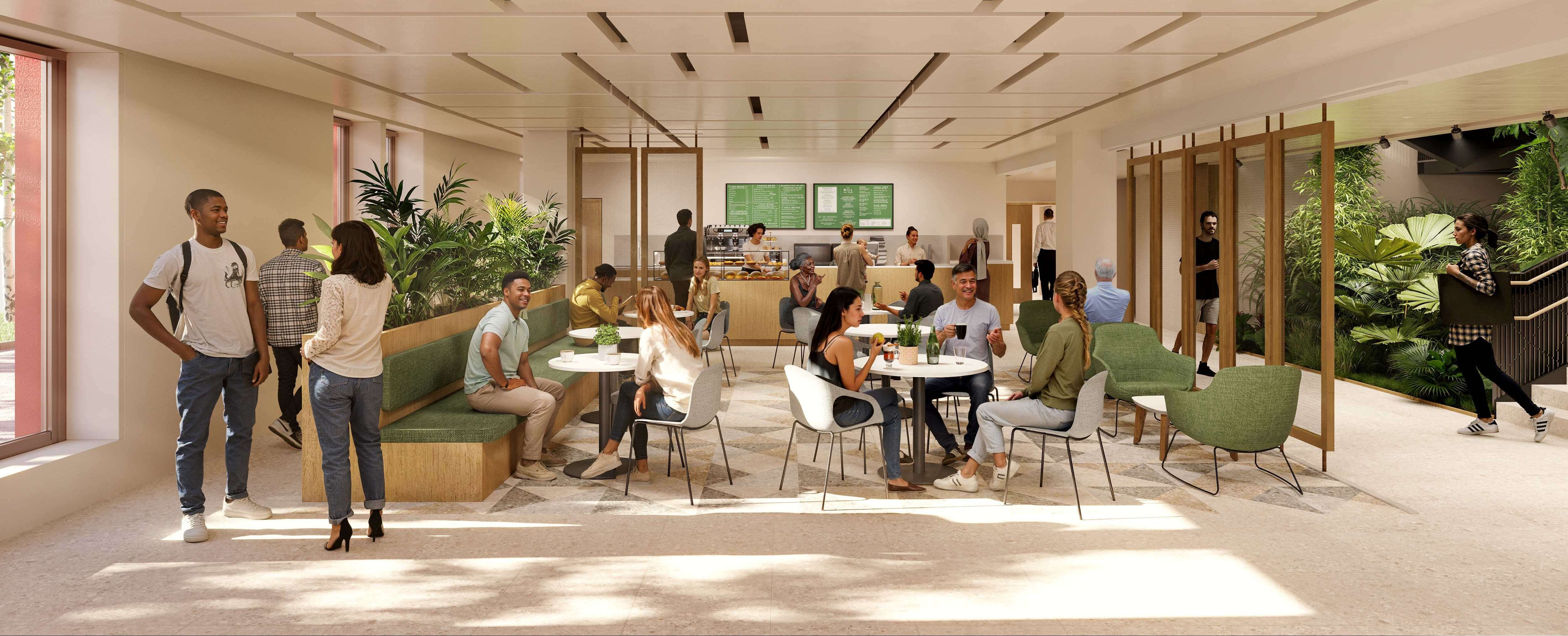A CGI image of the cafe area in the new health and wellbeing building