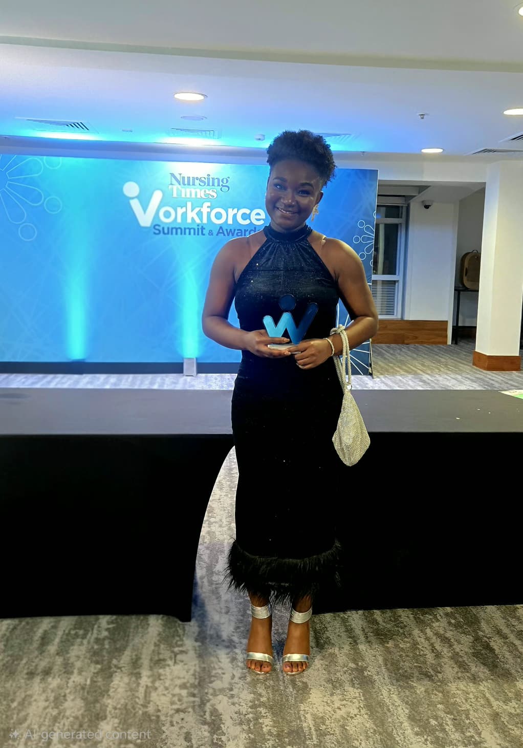 Victory smiles at the camera as she holds up her award