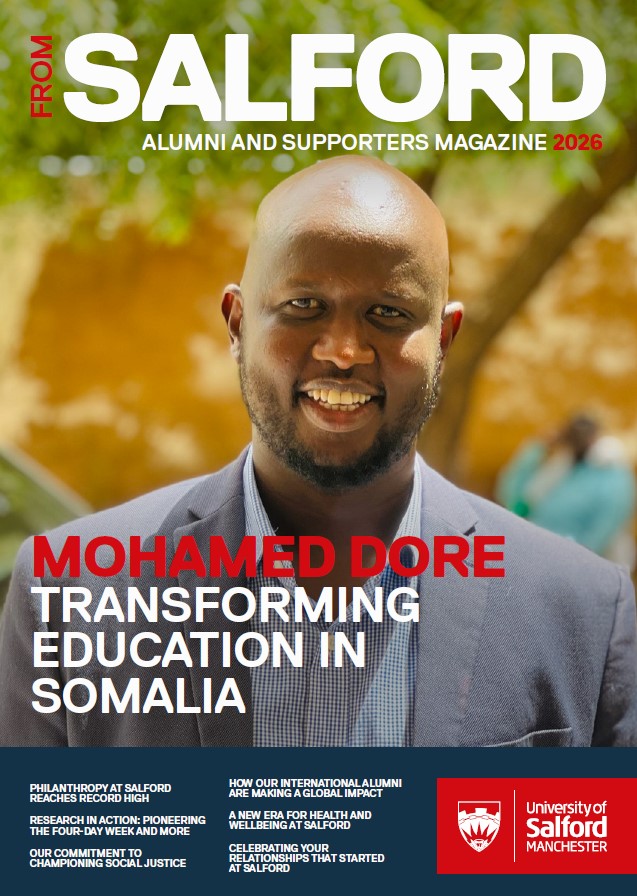 Front cover of latest From Salford magazine featuring a portrait image of alumnus Mohamed Dore