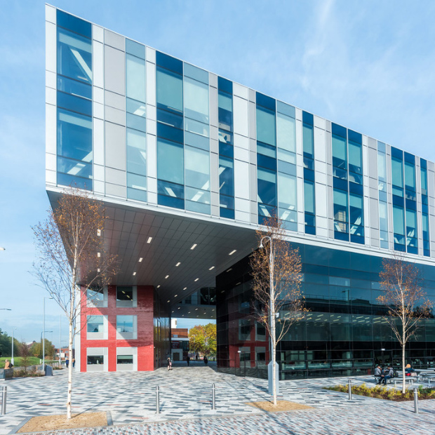 Modern glass, multiple storey building that forms part of the New Adelphi campus and fashion degree facilities at the University of Salford