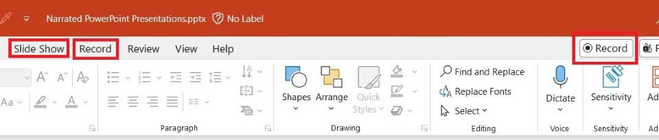 Screenshot of Microsoft PowerPoint showing the ribbon menu, with the “Slide Show” tab and the “Record” button highlighted to indicate where to record a narrated presentation.