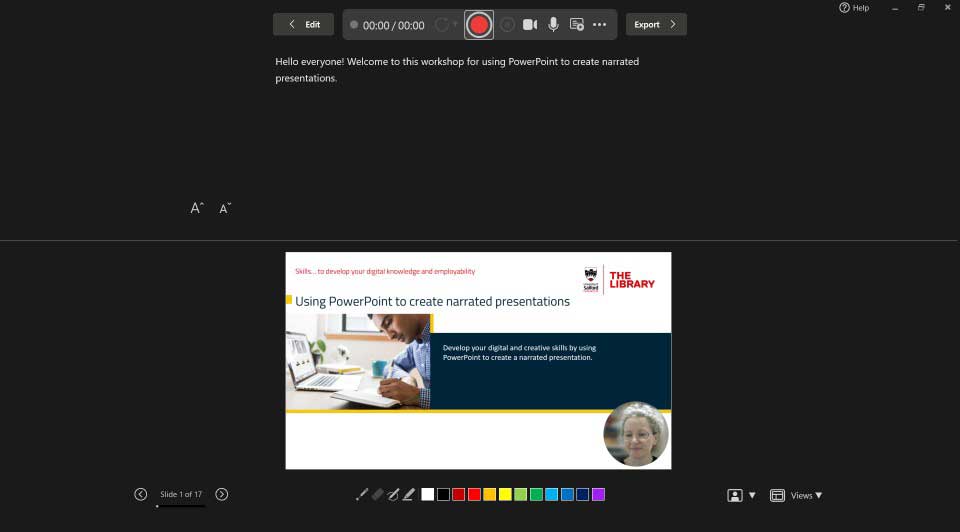 Screenshot of PowerPoint’s recording view with a slide titled “Using PowerPoint to create narrated presentations,” recording controls at the top (including a red record button), slide thumbnails and annotation tools, and a small webcam video preview in the corner.