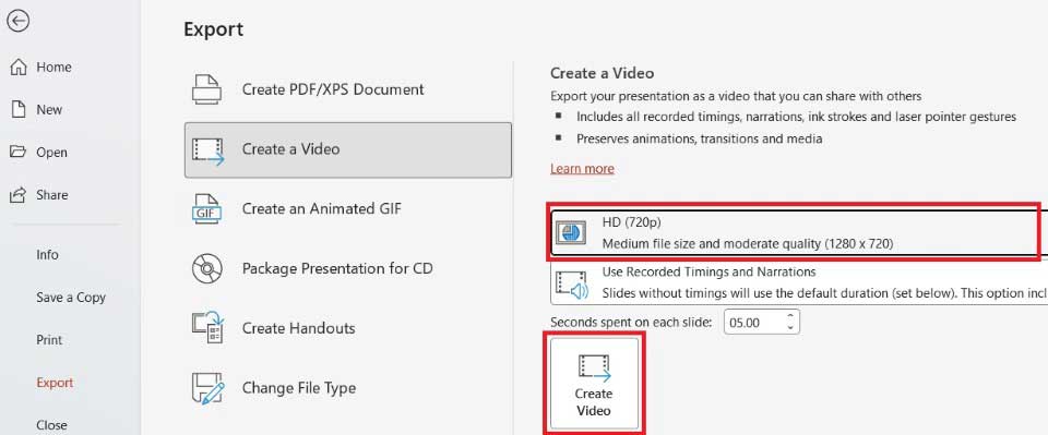 Screenshot of Microsoft PowerPoint’s Export screen with “Create a Video” selected. The HD (720p) quality option and the “Create Video” button are highlighted with red boxes.