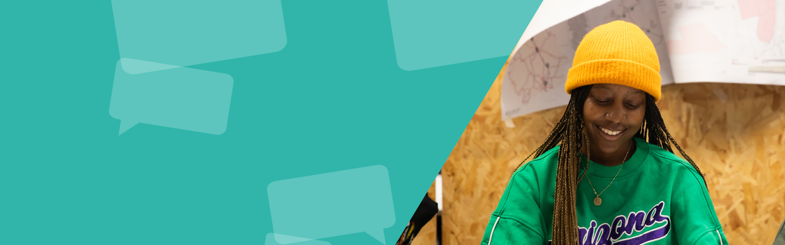 A student in class alongside illustrations of green speech bubbles