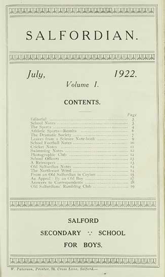 Cover page of Salfordian, dated July 1922, Volume 1. The page features a decorative border and a contents list with article titles and page numbers. At the bottom, it reads “Salford Secondary School for Boys,” with a printer’s credit line beneath.