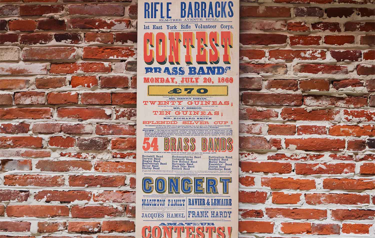 Colourful Victorian-era poster advertising a brass band contest at the Rifle Barracks on Elm Tree Avenue, Hull, on Monday 20 July 1868, featuring prize amounts, a list of participating brass bands, and details of concerts and performances.