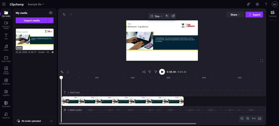 Screenshot of the Clipchamp video editor showing a presentation slide in the preview window, a timeline with video clips and audio tracks below, media library on the left with an “Import media” button, and an “Export” button in the top right.