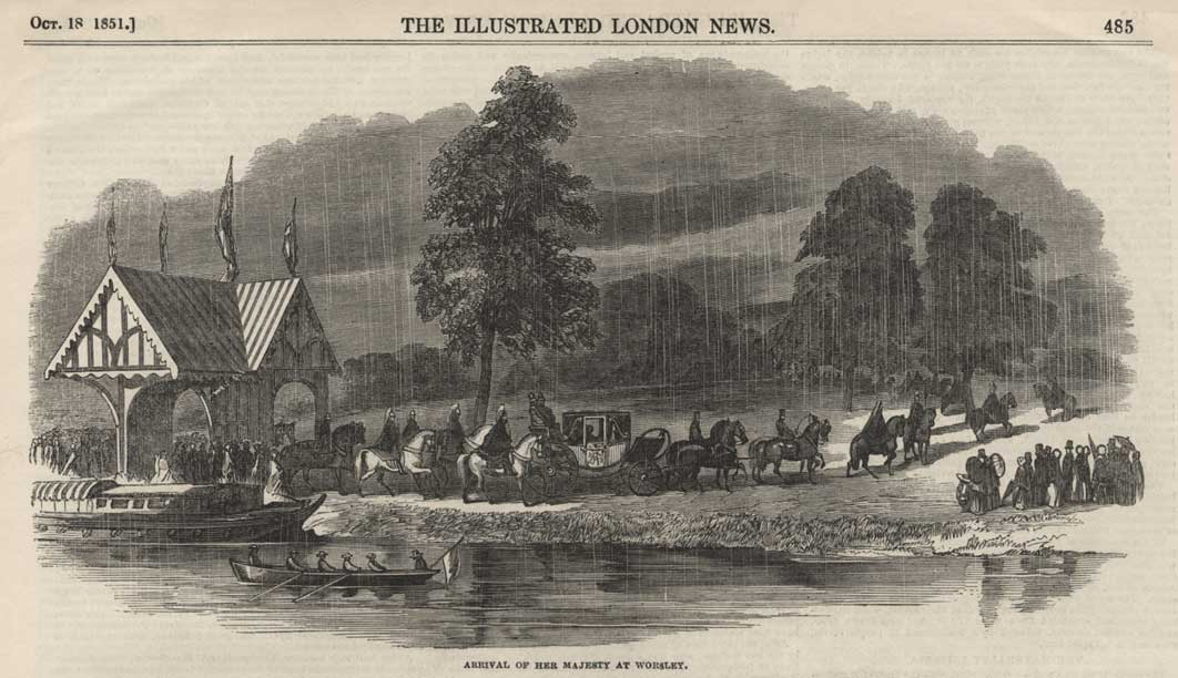 Queen Victoria arrives by barge to Worsley New Hall in 1851